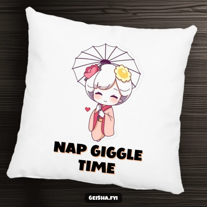 Funny Geisha Giggle Pillow: a soft cushion featuring a shy character blushing and giggling behind an umbrella, very cute.