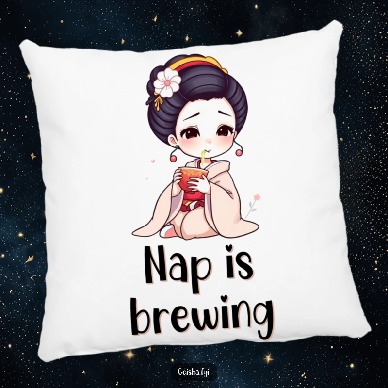 Funny Geisha Pillow: Elegant character delicately sips tea, a soft and humorous decorative accent.