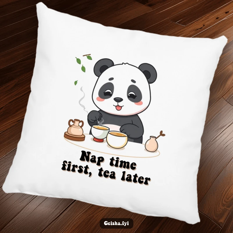 Funny pillow with a panda struggling with a tea ceremony, providing comfort and a humorous touch.
