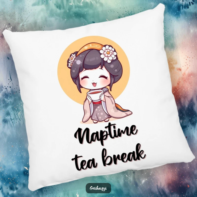 Funny Geisha Pillow: Soft cushion featuring a geisha character holding a tiny teacup with a delighted expression.