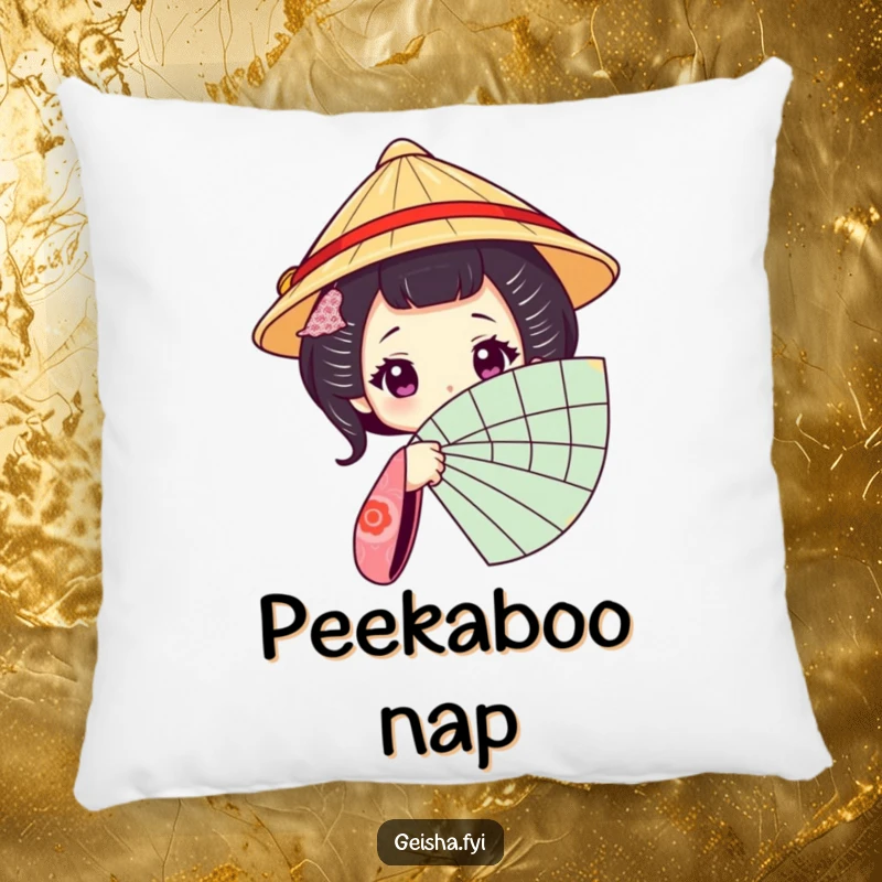 Funny Geisha Fan Pillow: A soft pillow showing a geisha character in a traditional hat peeking from behind a fan.