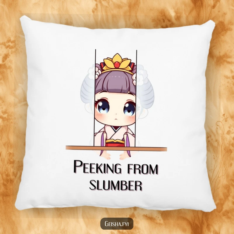 Soft funny geisha character with wide, playful eyes peeking from behind a screen on this humorous pillow.