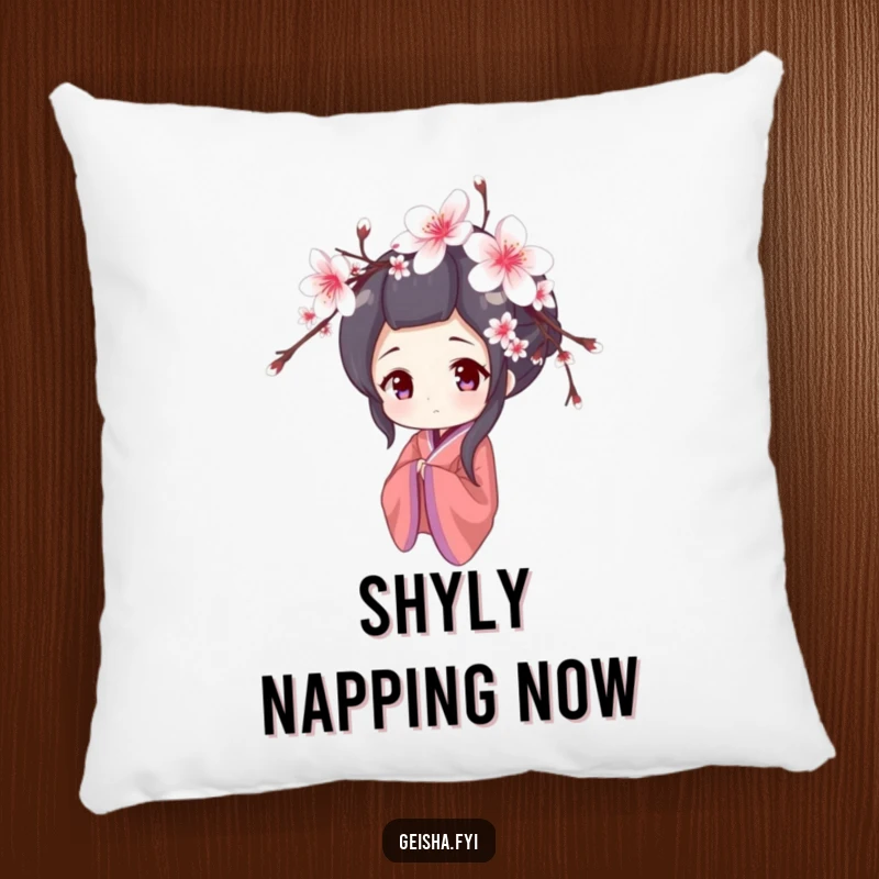 Funny pillow with a shy geisha peeking from behind cherry blossoms, offering comfort and delicate humor, a great gift.