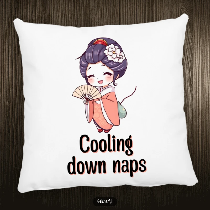 Funny geisha pillow with a character with a delighted expression holding an elegant fan, providing soft comfort and graceful joy.