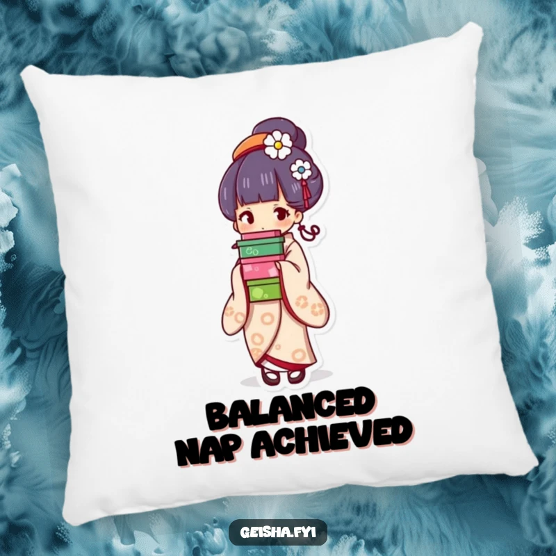 Funny geisha pillow, soft cushion featuring a character balancing colorful boxes gracefully, perfect for cozy humor and decor.
