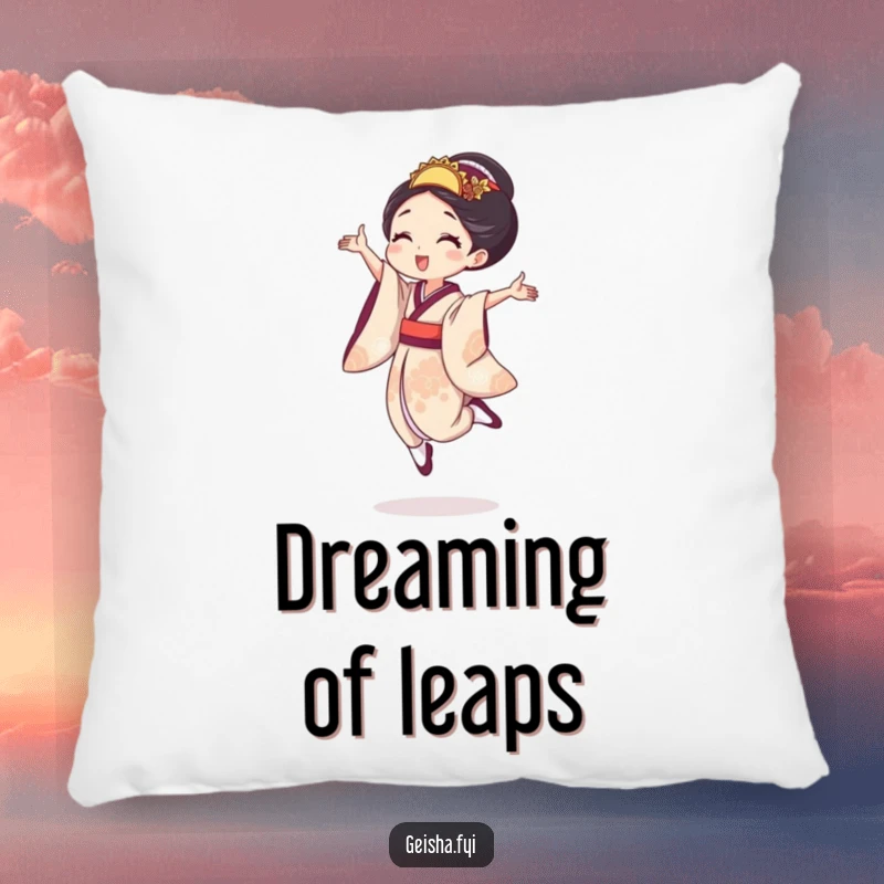 Funny geisha pillow with a character in a tiny, joyful leap, providing soft comfort and a symbol of energetic happiness.