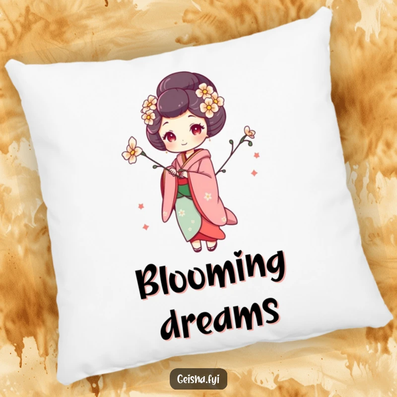 Funny geisha pillow showcasing a woman in a whimsical pose holding a flower, providing elegant comfort and artistic flair.