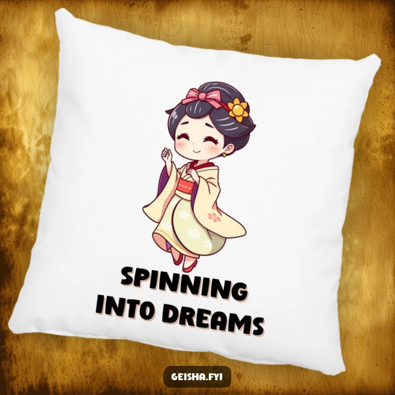 Funny Geisha doing a playful spin with a flourish, soft and humorous decorative pillow.