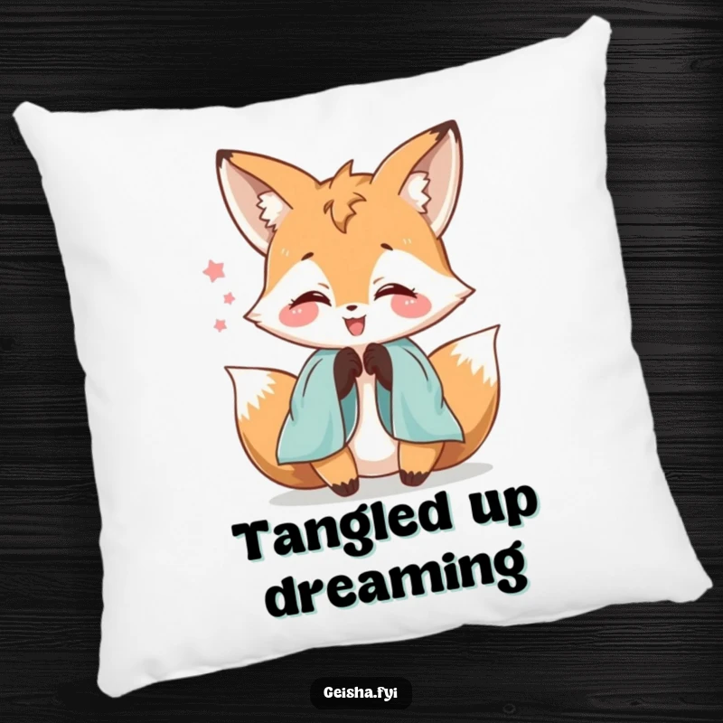 Funny delighted fox character pillow playfully fumbling with silk sleeves, soft, comfortable, and radiating whimsical charm.