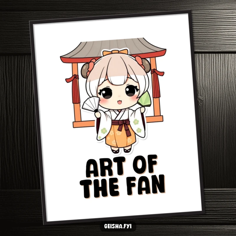 Funny kawaii character in traditional Japanese attire playfully tossing a fan, offered as a high-resolution digital art print.