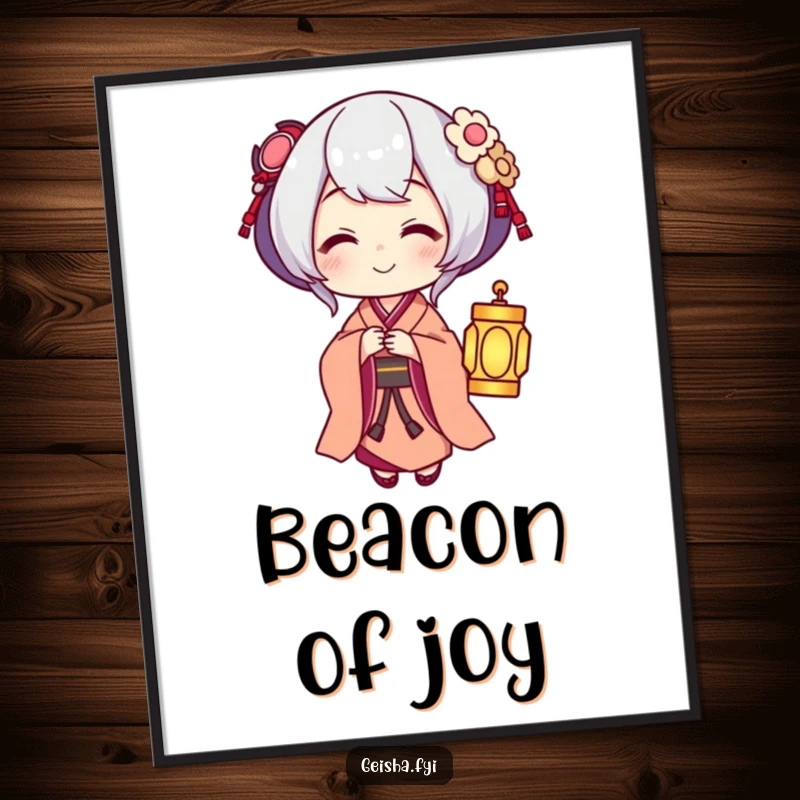 Funny Geisha offering a small glowing lantern with a warm smile, digital art with humor.