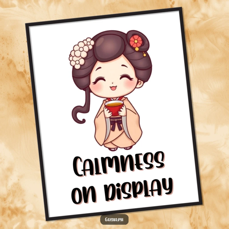 Funny geisha character with a sweet smile offering a tiny cup of tea, presented as a vibrant digital art print.