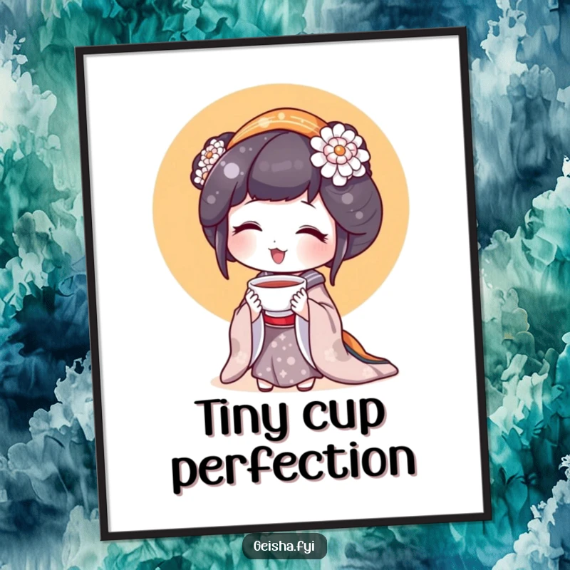 Funny Geisha Digital Art: A geisha character delighted by a tiny teacup, rendered for instant download.