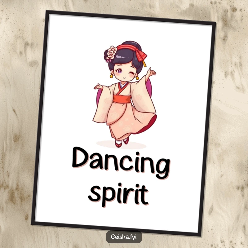 Funny Geisha Digital Art Print: Cheerful character in a dynamic twirling dance, offering a burst of joy and humor.