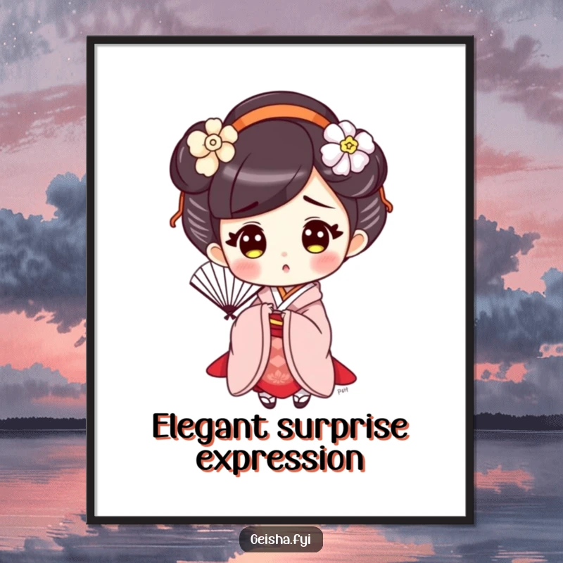 Funny Surprised Geisha Digital Art Print, a cute character holding a fan with a surprised expression, adding elegant humor to decor.