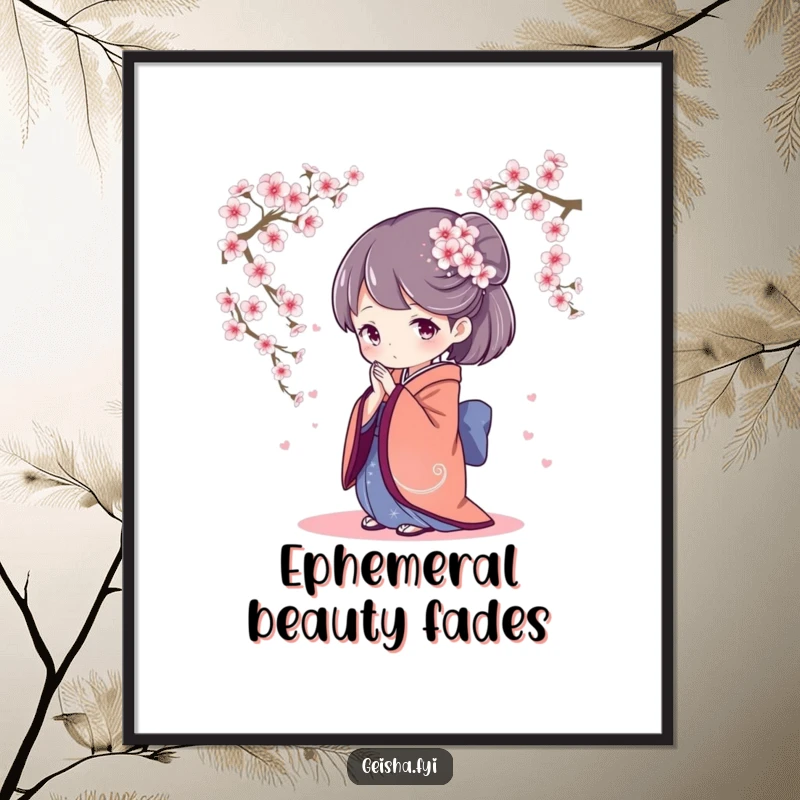 Graceful digital art of a geisha character bowing elegantly, with a delicate cascade of cherry blossoms falling, creating a serene and artistic composition.