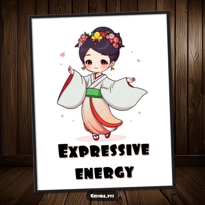 Funny Geisha Digital Print: Joyful character dances with flowing sleeves, downloadable dynamic humorous art.
