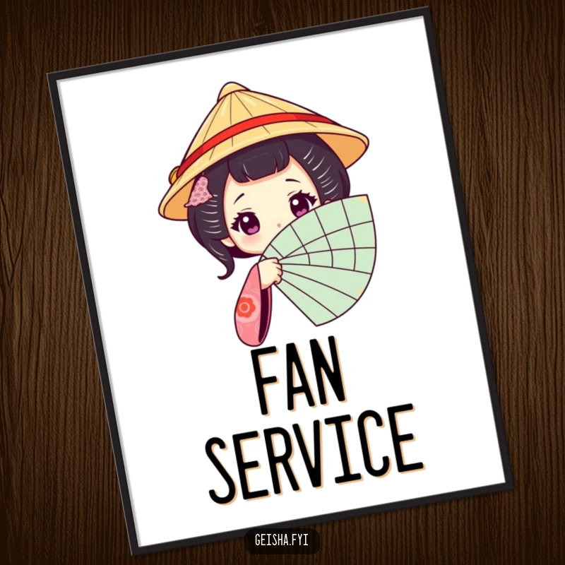 Funny Geisha Fan Digital Art Print: A high-resolution image of a geisha character in a traditional hat peeking from behind a fan.