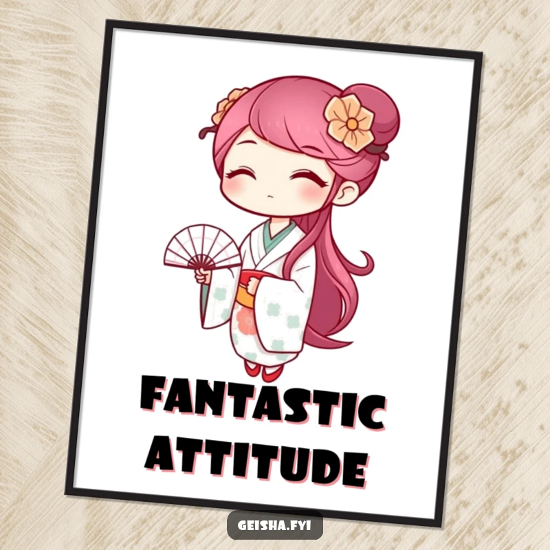 Funny geisha digital art print of a winking character waving a patterned fan, a humorous and charming wall art.