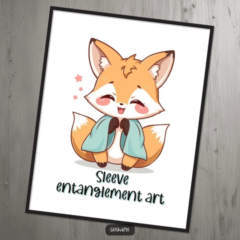 Funny delighted fox character digital art print playfully fumbling with silk sleeves, whimsical and elegant for home decor.