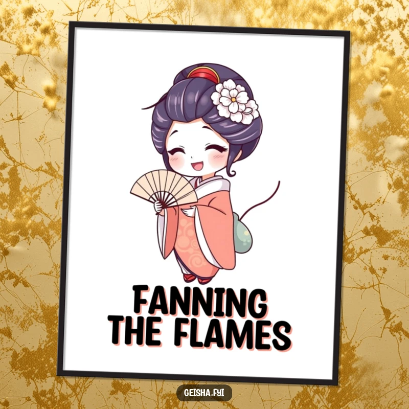 Funny geisha digital art print of a woman with a delighted expression holding an elegant fan, offering instant sophisticated joy and graceful decor.