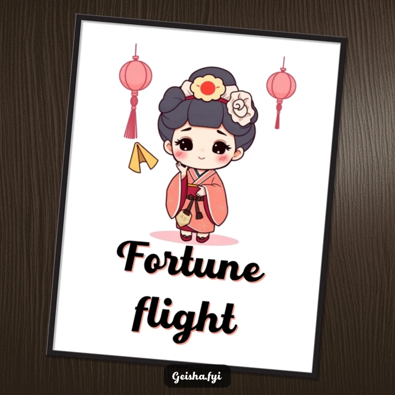 Funny Fortune Cookie Geisha Digital Art Print: A high-resolution image of a geisha character happily tossing a fortune cookie.