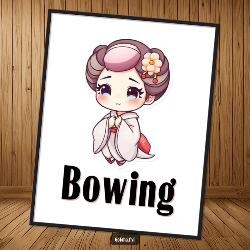 Funny Geisha Bowing Digital Art Print: A high-resolution image of a geisha character with delicate makeup bowing cheerfully.