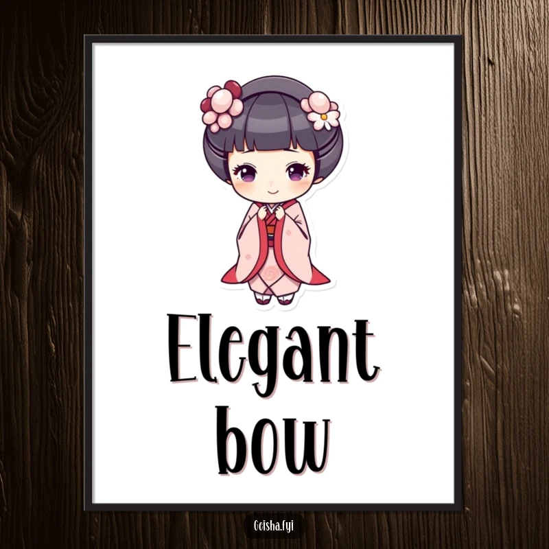Funny geisha digital art print, a geisha bows gracefully with a cheerful expression, adding elegance and humor to decor.