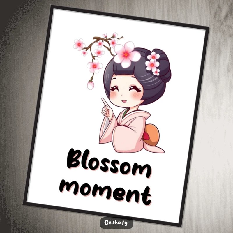 Funny geisha digital art print, a geisha smiles widely pointing at a falling cherry blossom, adding joy and beauty.