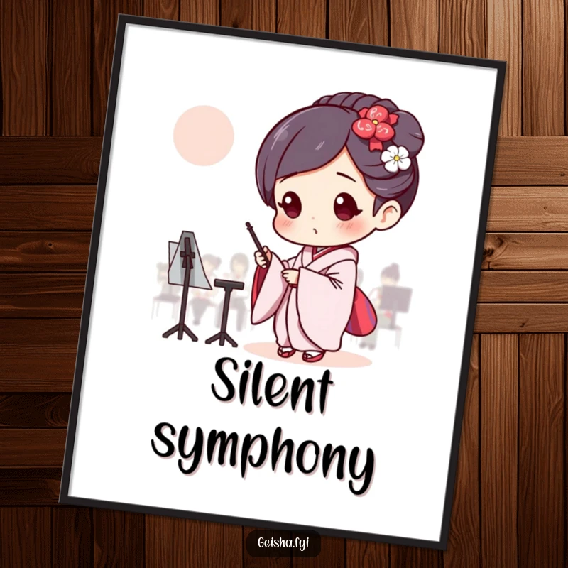 Funny Geisha pretending to conduct an invisible orchestra, digital art with humor.