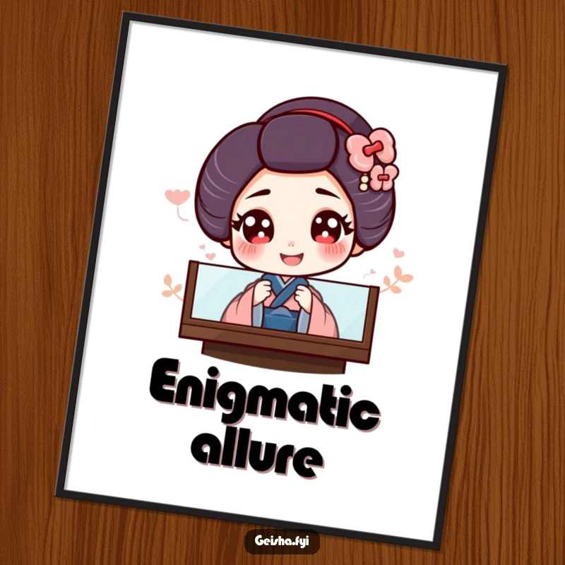 Funny digital art of a giggling geisha with big eyes peeking from behind a screen, ready for printing.