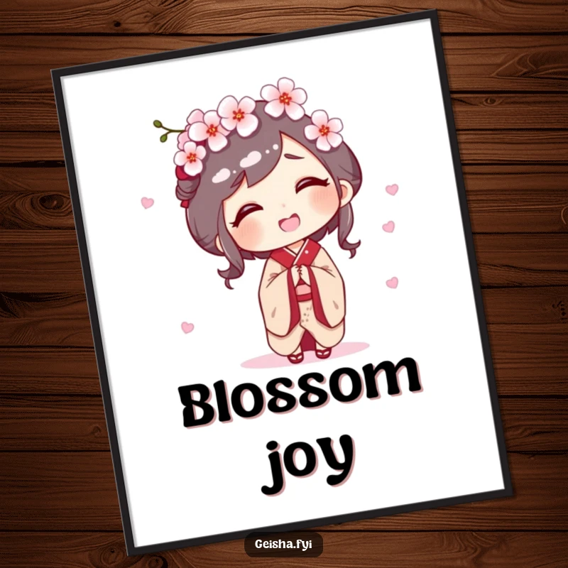Funny printable art of a geisha character giggling as a cherry blossom gently falls on her head, evoking pure joy.