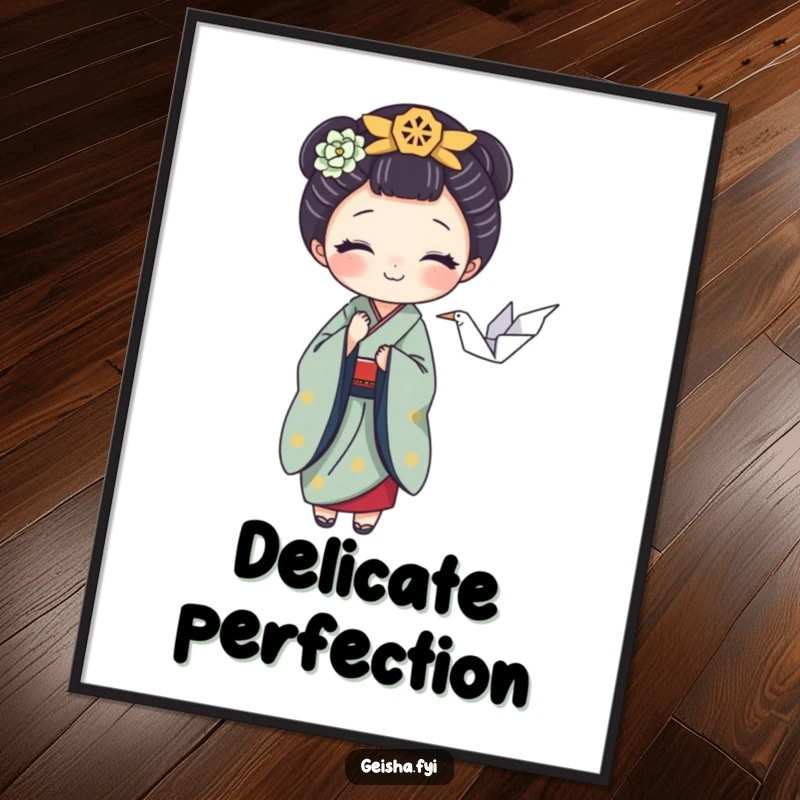 Funny digital art print of a playful geisha balancing a tiny origami crane, perfect for instant artistic decor and as a humorous gift.