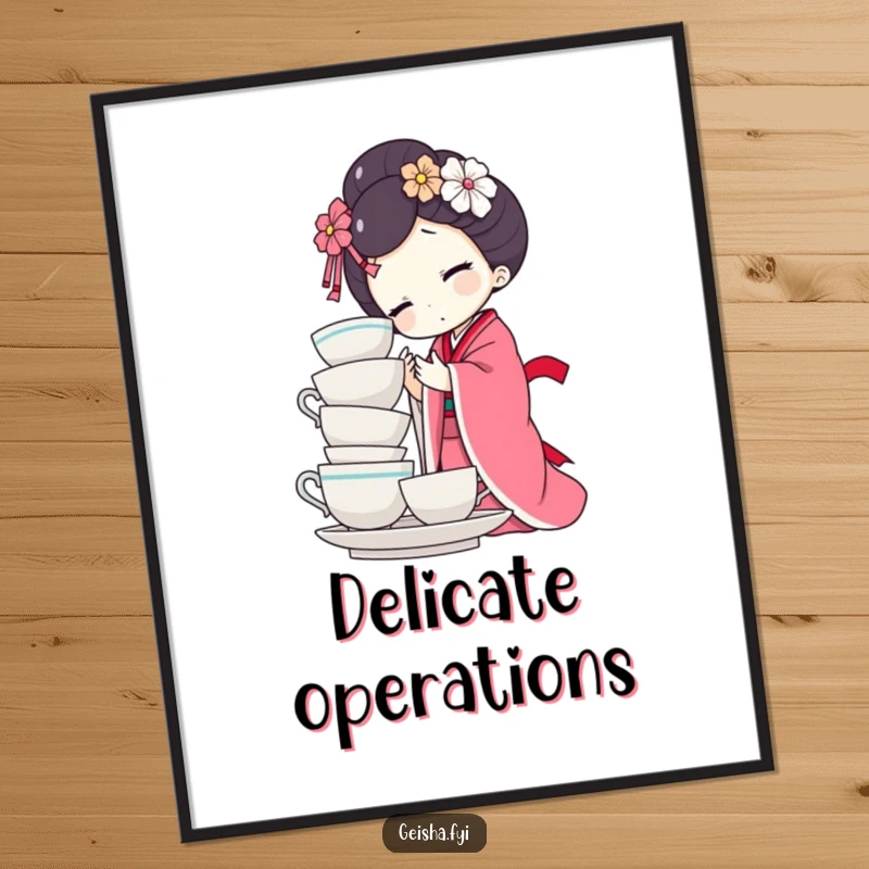 Funny geisha doll digital art print of character hilariously attempting teacup balance. Comedic, downloadable wall art.