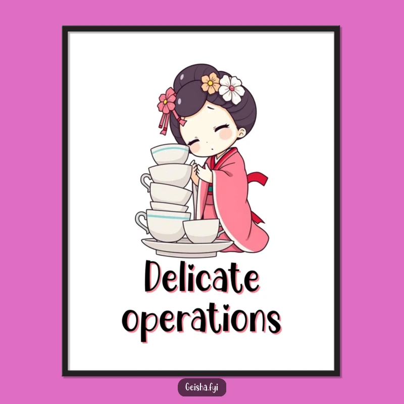 Funny Geisha Doll Teacup Balance Digital Art - Instant Comedic Wall Decor