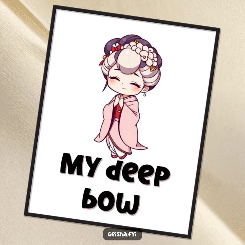 Funny Geisha Digital Art Print of a character in a dramatically funny exaggerated bow, ideal for instant home decoration.