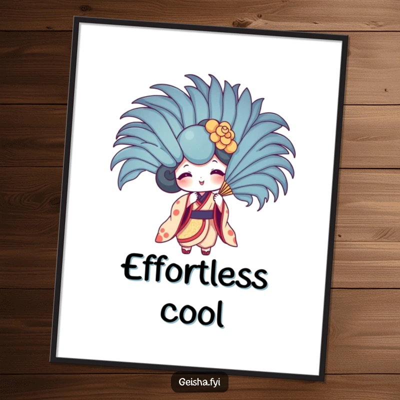 Funny geisha fan digital art print of character fanning with a giant feather. Playful, humorous, downloadable wall art.