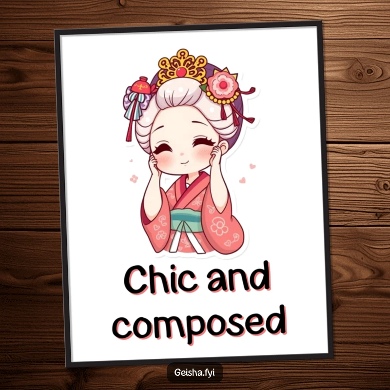 Funny geisha adjusting ornate hair accessory with a smile digital art print, elegant illustration, humorous detail, perfect funny gift.