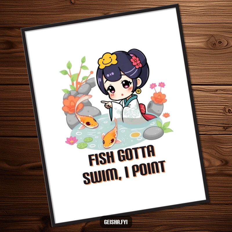 Funny Digital Art Print: A geisha character excitedly points at a vibrant koi fish in a pond, creating a serene illustration.