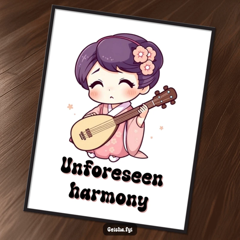 Funny Geisha Digital Print: Surprised character plays a tiny shamisen, downloadable humorous art.
