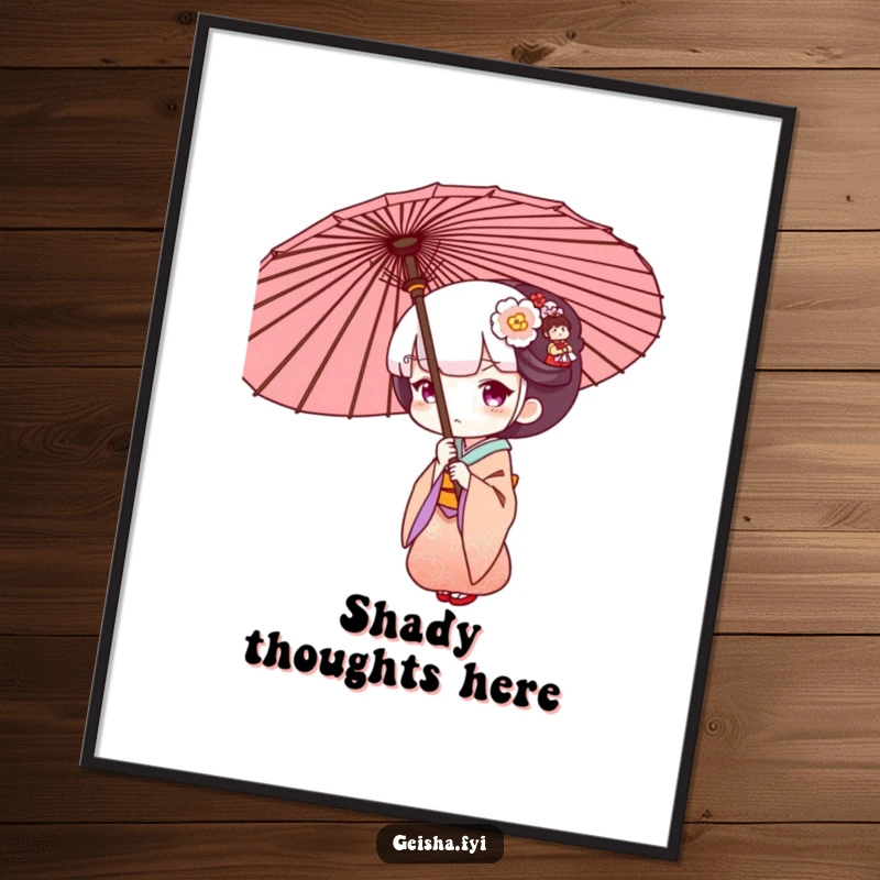Funny Geisha peeking from behind a large ornate umbrella, digital art print with humor.