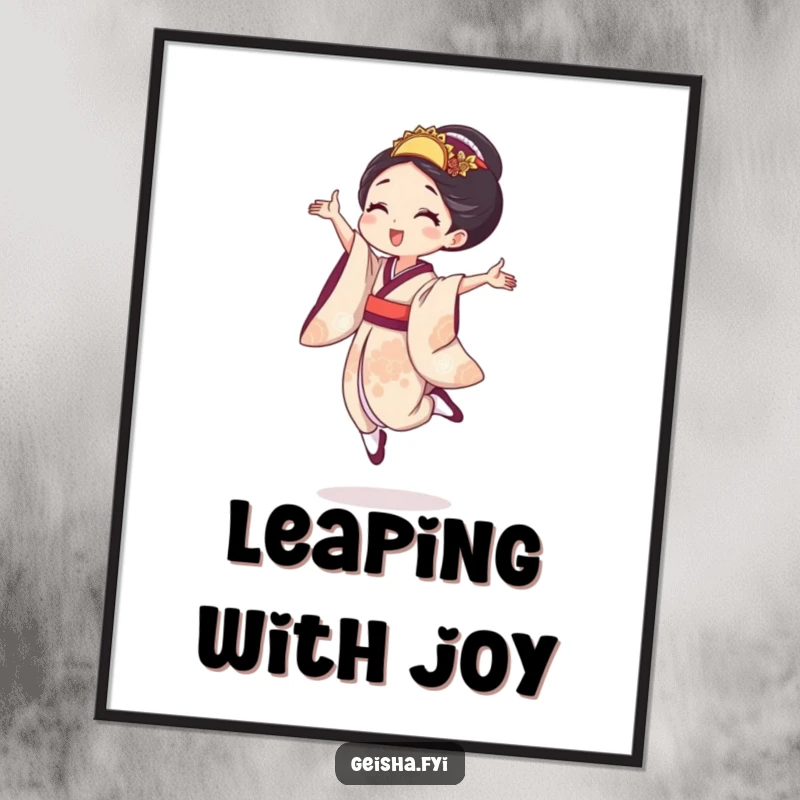 Funny geisha digital art print of a woman in a tiny, joyful leap, offering instant dynamic energy and infectious happiness for decor.