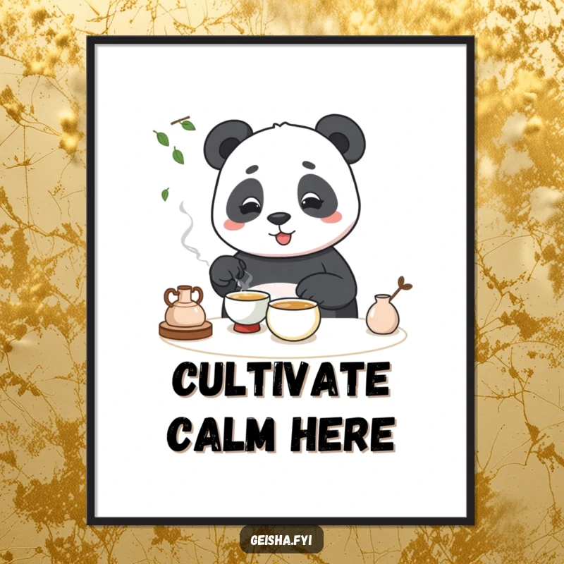 Funny digital art print of a panda hilariously attempting a tea ceremony, for instant humorous decor.