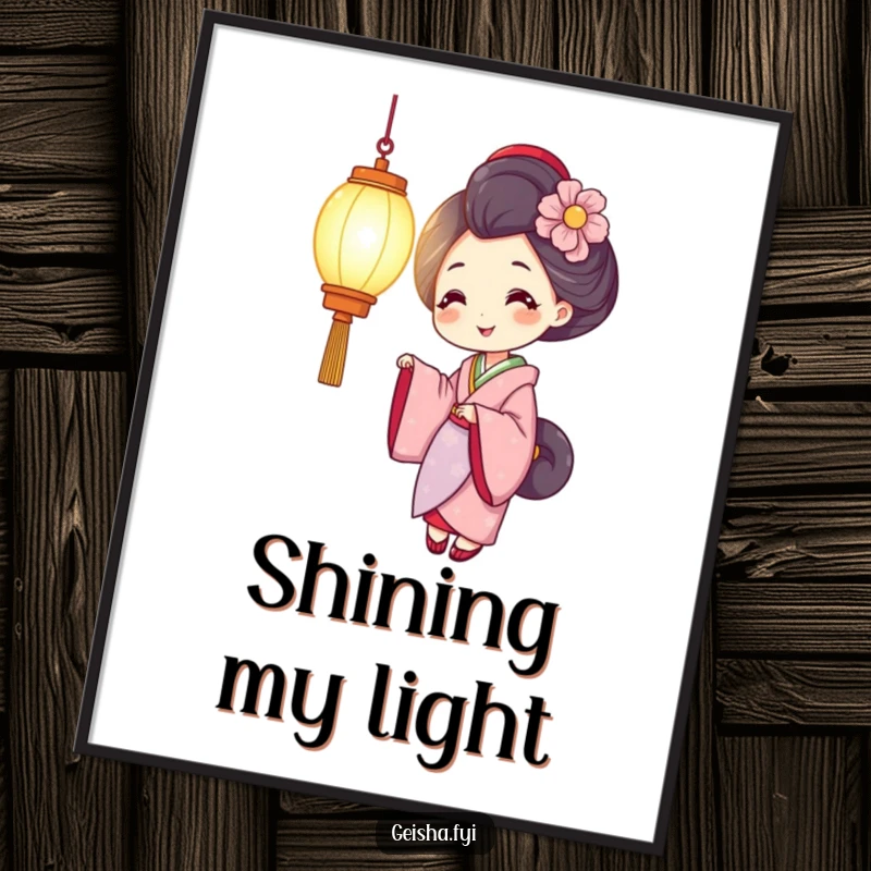 Funny geisha digital art print of a smiling woman holding a brightly lit lantern, offering instant warmth, light, and cheerful decor.