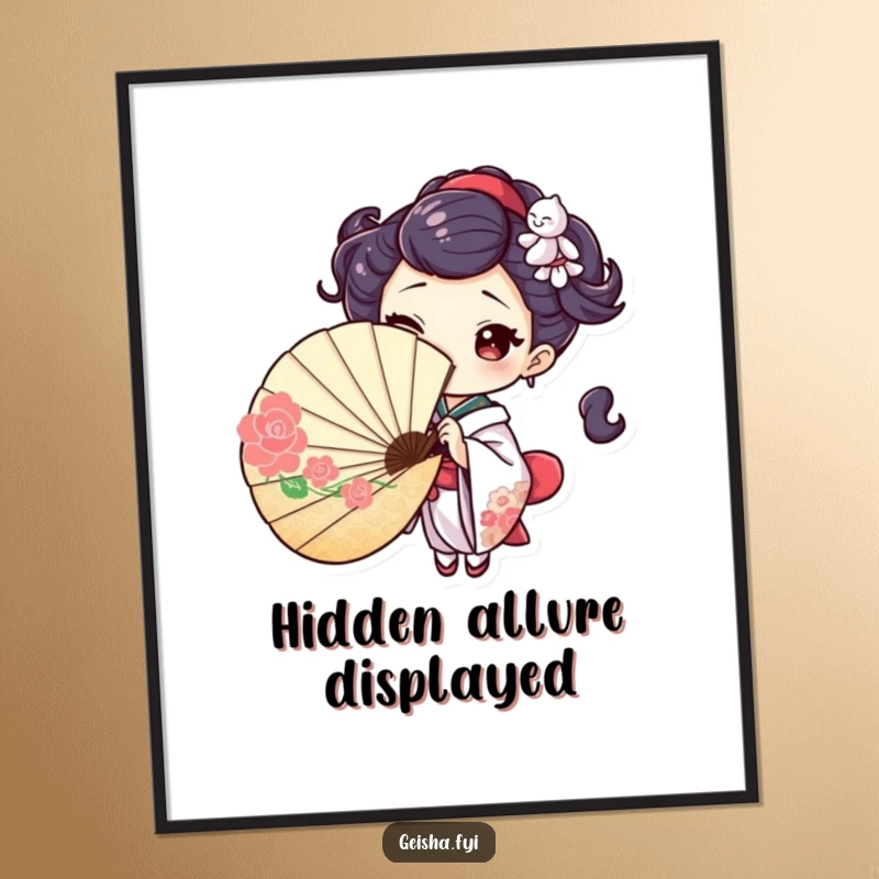 Playful digital art of a geisha character peeking from behind a fan, giving a captivating wink, full of mysterious allure and charm.