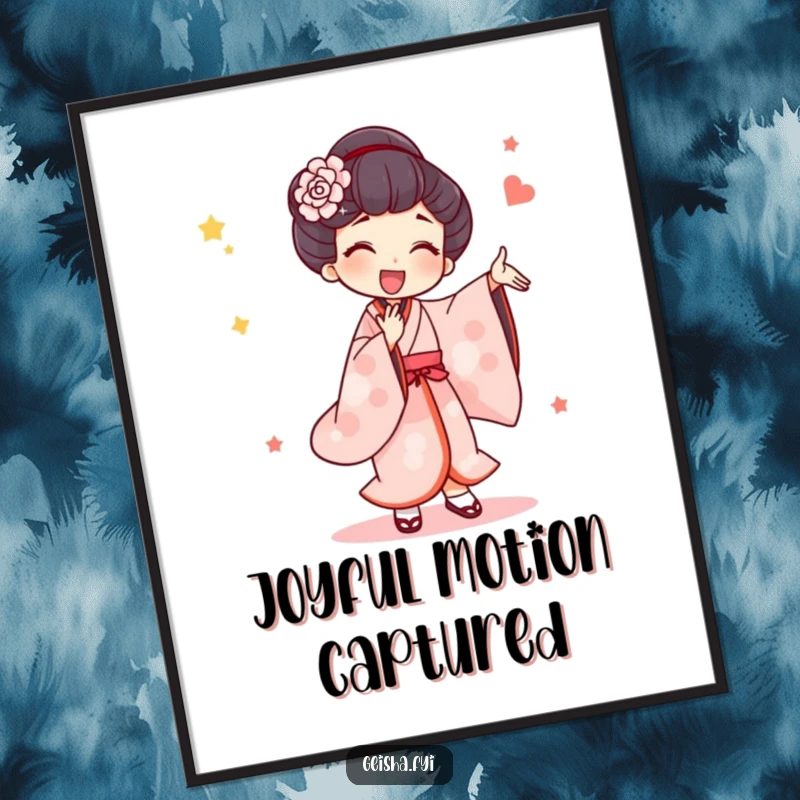 Funny Digital Art Print: A geisha character performs an exaggerated, joyful dance, creating a dynamic and artistic illustration.
