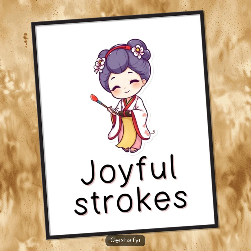 Funny digital art print of a joyful geisha creating art on a tiny scroll, perfect for instant artistic decor and as a humorous gift.