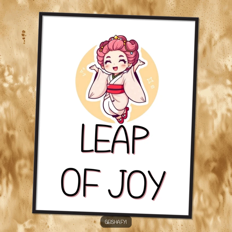 Funny Geisha Jump Digital Art Print: a character performing an energetic jump with a flourish, perfect for instant vibrant decor.