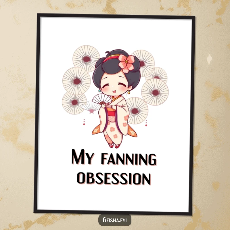 Funny geisha digital art print of a joyful geisha fanning herself with many fans, ready to print and display.