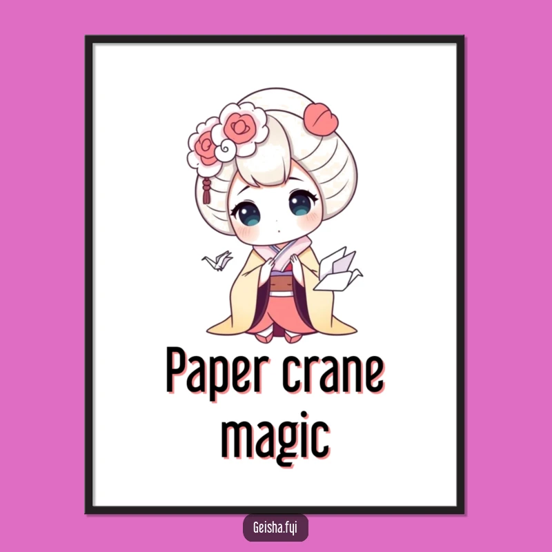Funny Geisha Digital Art Print - Surprise Moment with Origami Crane